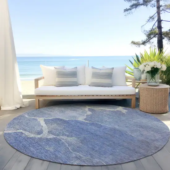 8' Denim Blue And Beige Round Abstract Washable Indoor Outdoor Area Rug Photo 5