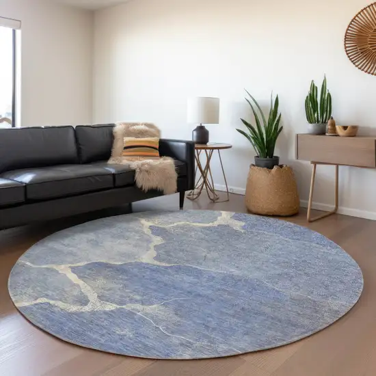 8' Denim Blue And Beige Round Abstract Washable Indoor Outdoor Area Rug Photo 6