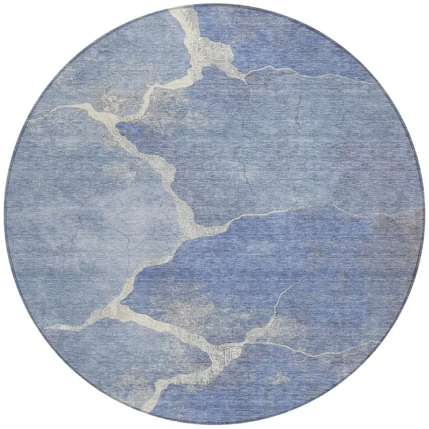 8' Denim Blue And Beige Round Abstract Washable Indoor Outdoor Area Rug Photo 4