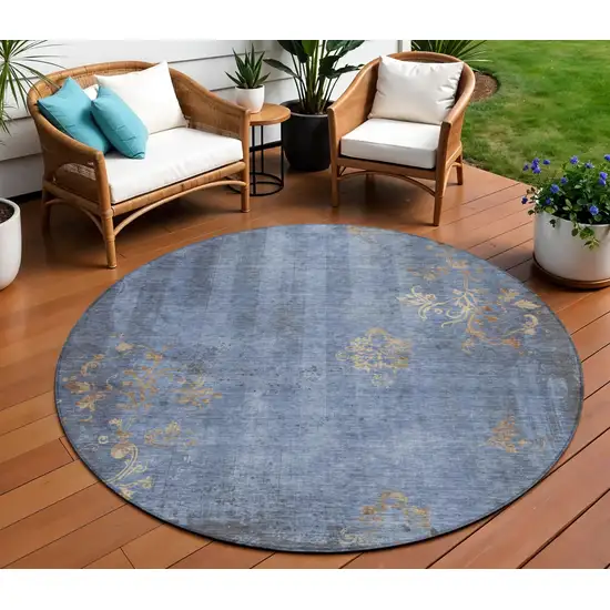 8' Denim Blue And Beige Round Floral Washable Indoor Outdoor Area Rug Photo 2