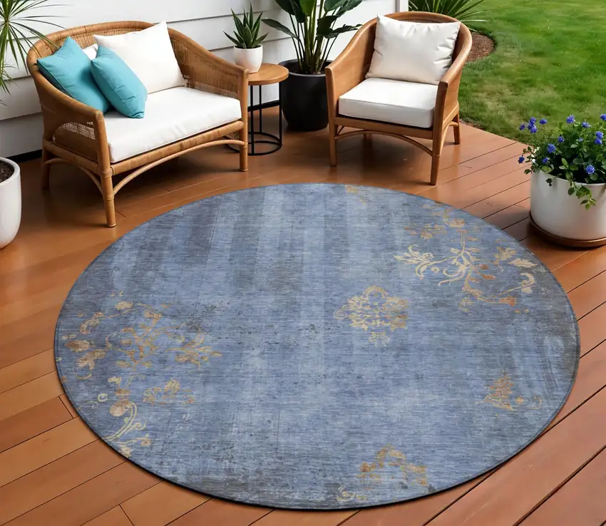 8' Denim Blue And Beige Round Floral Washable Indoor Outdoor Area Rug Photo 2