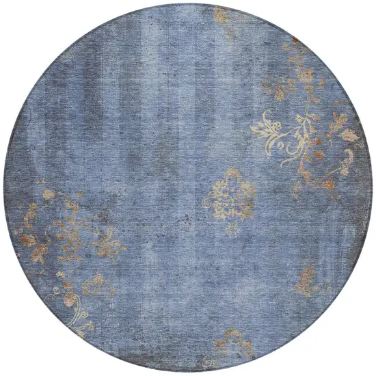 8' Denim Blue And Beige Round Floral Washable Indoor Outdoor Area Rug Photo 3