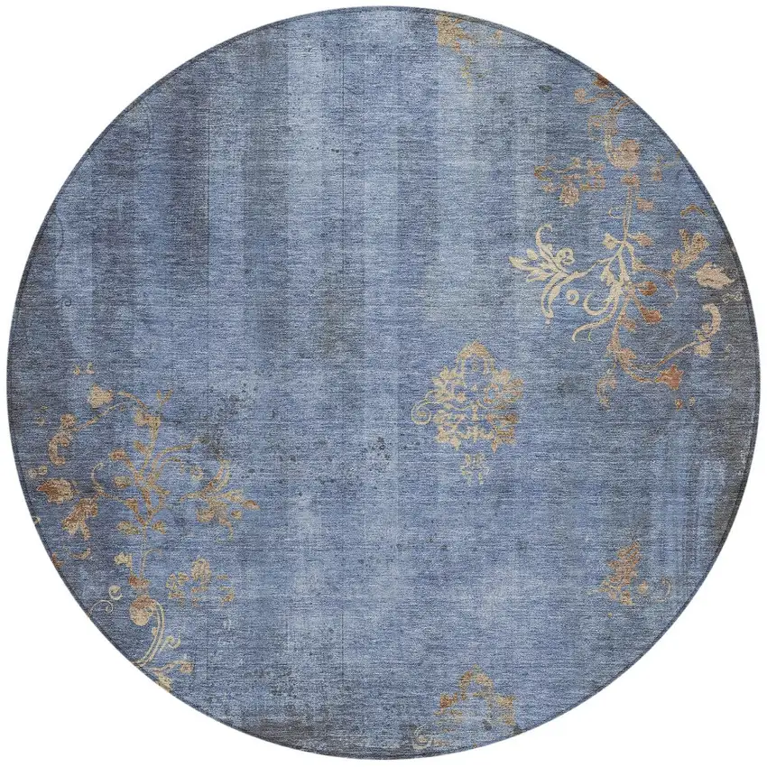 8' Denim Blue And Beige Round Floral Washable Indoor Outdoor Area Rug Photo 3