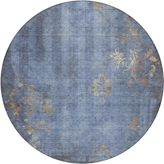 8' Denim Blue And Beige Round Floral Washable Indoor Outdoor Area Rug Photo 1
