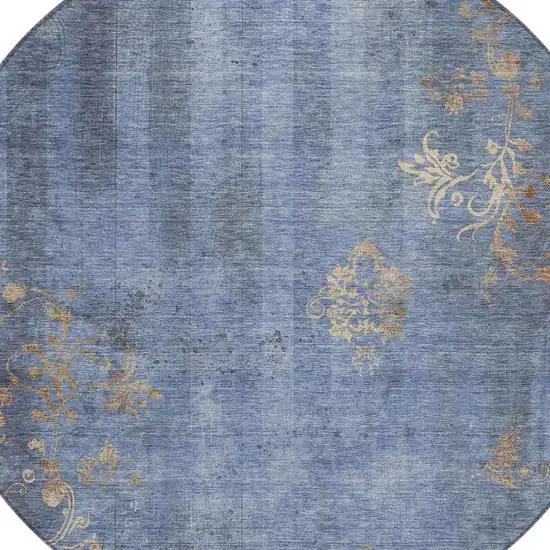 8' Denim Blue And Beige Round Floral Washable Indoor Outdoor Area Rug Photo 4