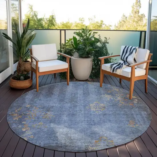 8' Denim Blue And Beige Round Floral Washable Indoor Outdoor Area Rug Photo 5