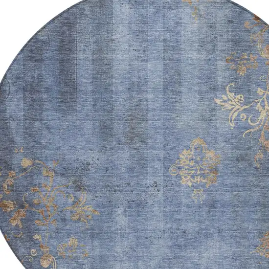 8' Denim Blue And Beige Round Floral Washable Indoor Outdoor Area Rug Photo 9