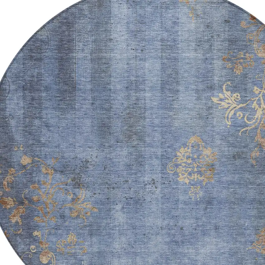 8' Denim Blue And Beige Round Floral Washable Indoor Outdoor Area Rug Photo 9