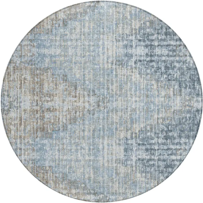 8' Denim Blue And Beige Round Geometric Washable Indoor Outdoor Area Rug Photo 1