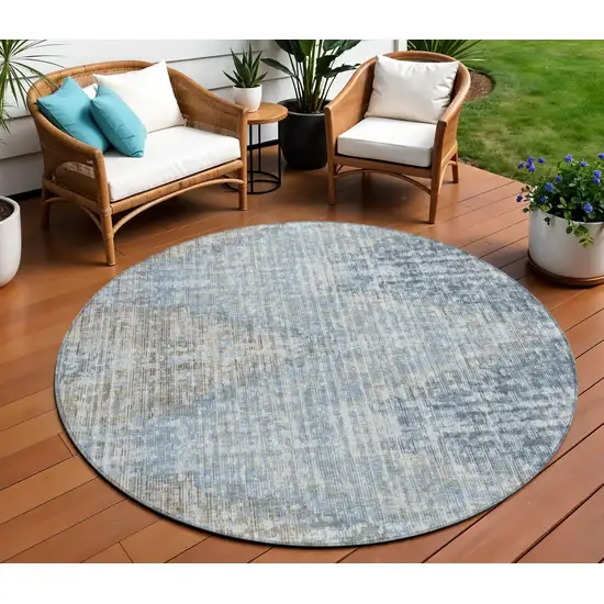 8' Denim Blue And Beige Round Geometric Washable Indoor Outdoor Area Rug Photo 2
