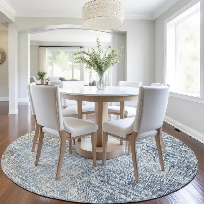 8' Denim Blue And Beige Round Geometric Washable Indoor Outdoor Area Rug Photo 6