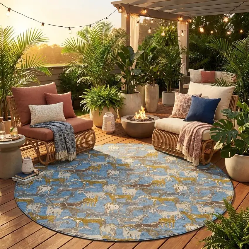 8' Denim Blue And Beige Round Horse Washable Indoor Outdoor Area Rug Photo 1