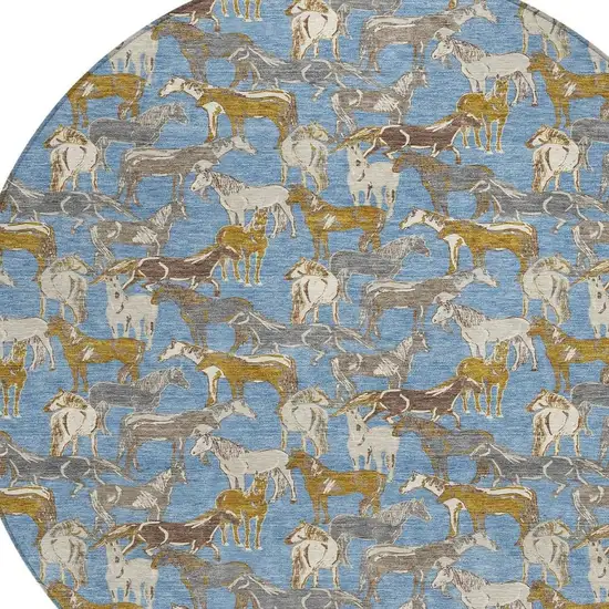 8' Denim Blue And Beige Round Horse Washable Indoor Outdoor Area Rug Photo 3