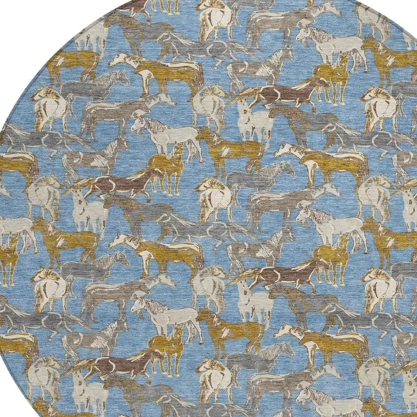 8' Denim Blue And Beige Round Horse Washable Indoor Outdoor Area Rug Photo 3