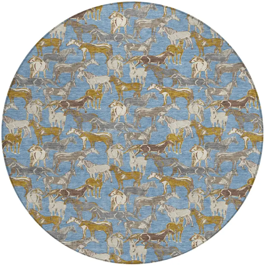 8' Denim Blue And Beige Round Horse Washable Indoor Outdoor Area Rug Photo 2