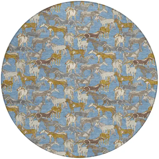 8' Denim Blue And Beige Round Horse Washable Indoor Outdoor Area Rug Photo 2