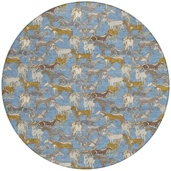 8' Denim Blue And Beige Round Horse Washable Indoor Outdoor Area Rug Photo 4
