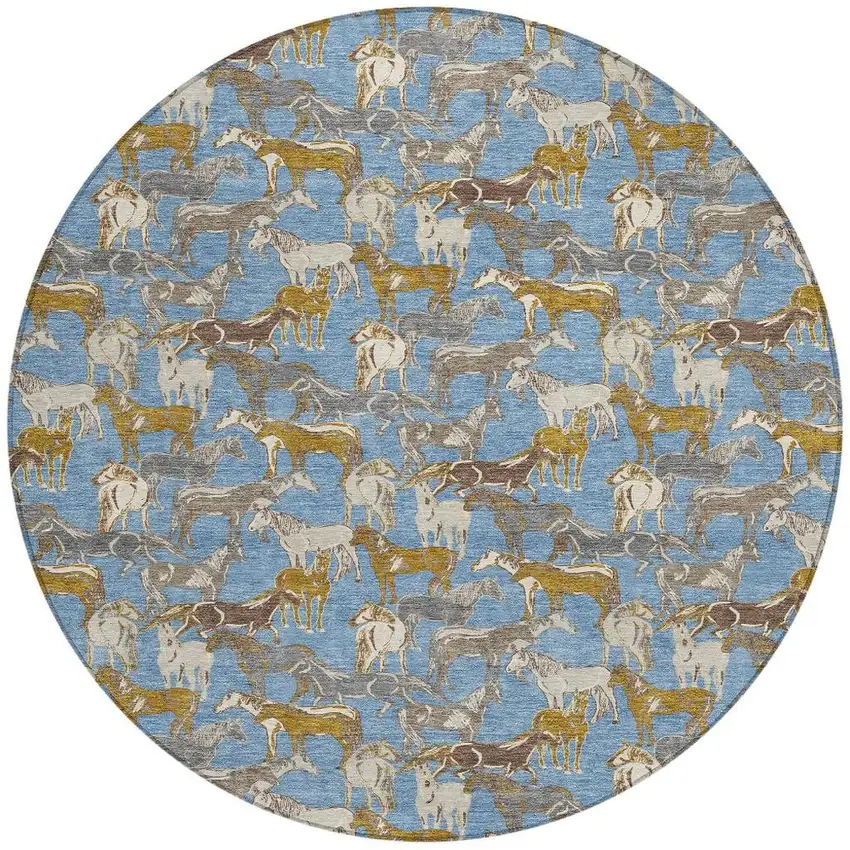 8' Denim Blue And Beige Round Horse Washable Indoor Outdoor Area Rug Photo 4