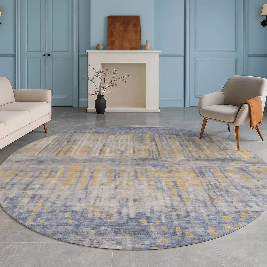 8' Denim Blue And Blue Round Abstract Washable Indoor Outdoor Area Rug Photo 5