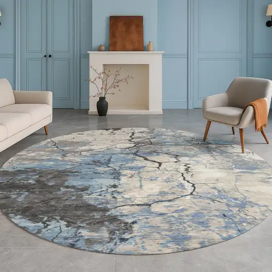 8' Denim Blue And Blue Round Abstract Washable Indoor Outdoor Area Rug Photo 5
