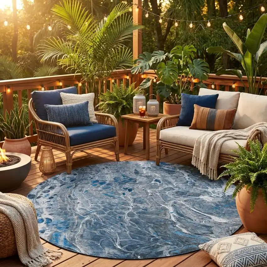 8' Denim Blue And Blue Round Abstract Washable Indoor Outdoor Area Rug Photo 1