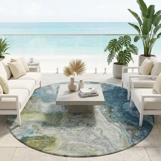 8' Denim Blue And Blue Round Abstract Washable Indoor Outdoor Area Rug Photo 1