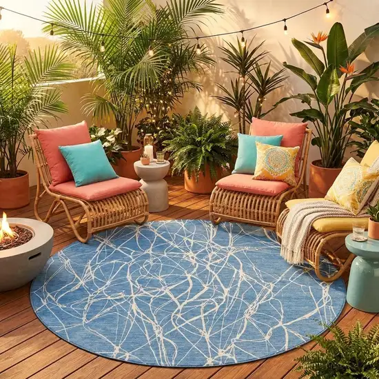 8' Denim Blue And Blue Round Abstract Washable Indoor Outdoor Area Rug Photo 1