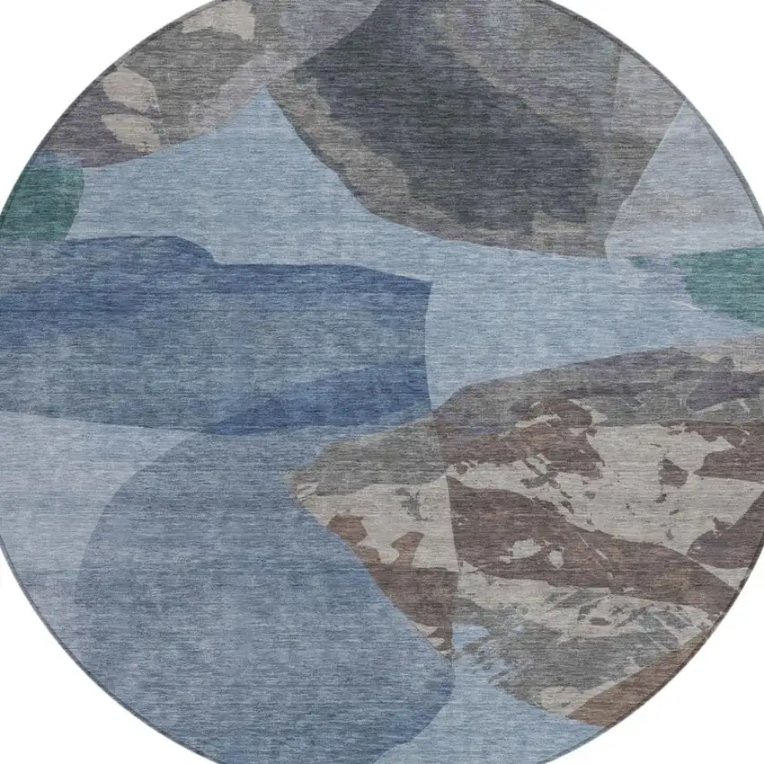 8' Denim Blue And Blue Round Abstract Washable Indoor Outdoor Area Rug Photo 3