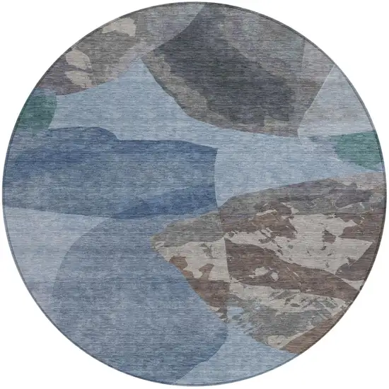 8' Denim Blue And Blue Round Abstract Washable Indoor Outdoor Area Rug Photo 1