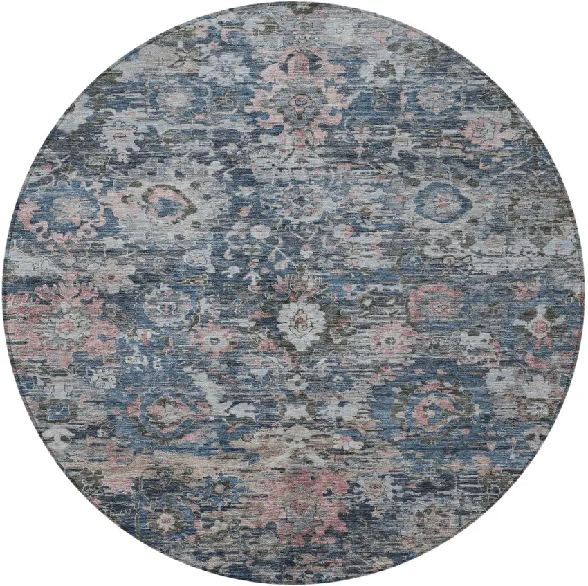 8' Denim Blue And Blue Round Floral Washable Indoor Outdoor Area Rug Photo 3