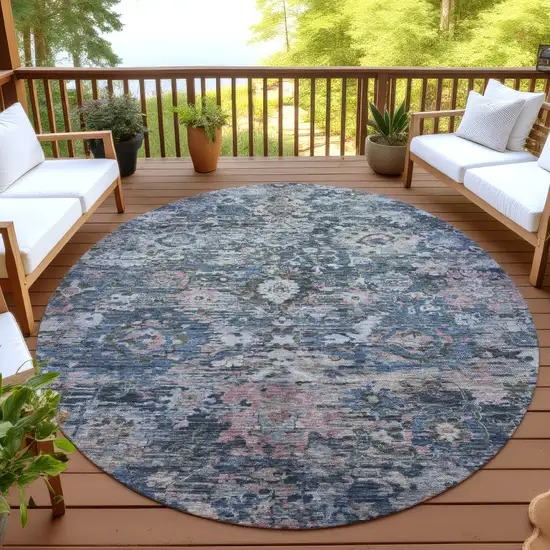 8' Denim Blue And Blue Round Floral Washable Indoor Outdoor Area Rug Photo 4