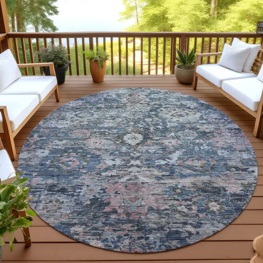 8' Denim Blue And Blue Round Floral Washable Indoor Outdoor Area Rug Photo 4