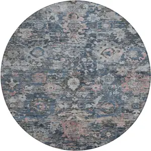 Photo of 8' Denim Blue And Blue Round Floral Washable Indoor Outdoor Area Rug