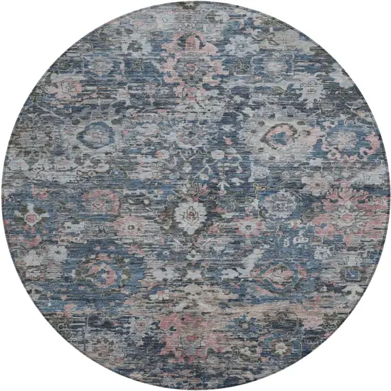 8' Denim Blue And Blue Round Floral Washable Indoor Outdoor Area Rug Photo 1