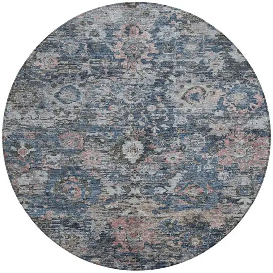 8' Denim Blue And Blue Round Floral Washable Indoor Outdoor Area Rug Photo 2