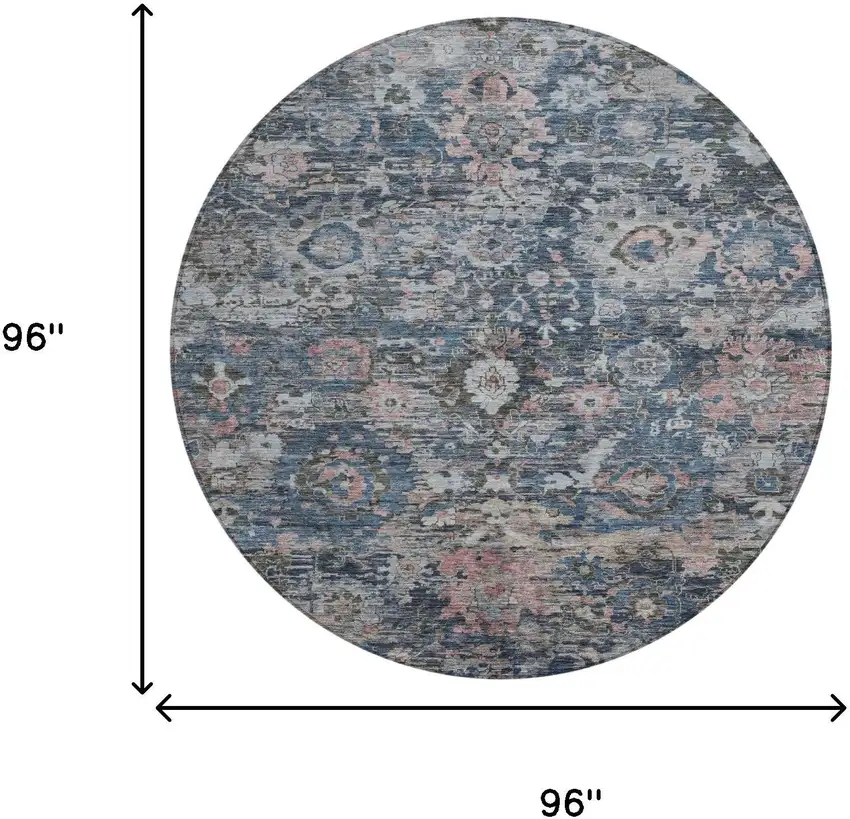 8' Denim Blue And Blue Round Floral Washable Indoor Outdoor Area Rug Photo 8