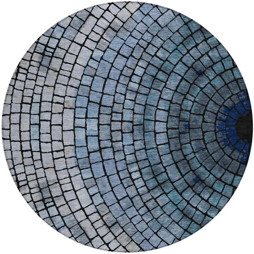8' Denim Blue And Blue Round Geometric Washable Indoor Outdoor Area Rug Photo 4