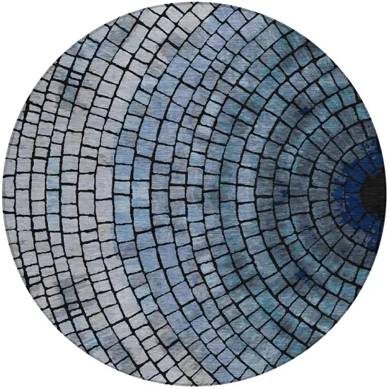 8' Denim Blue And Blue Round Geometric Washable Indoor Outdoor Area Rug Photo 2