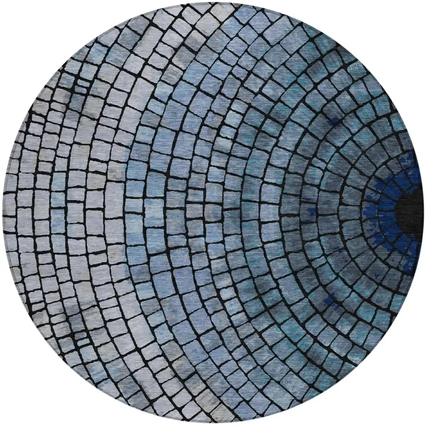 8' Denim Blue And Blue Round Geometric Washable Indoor Outdoor Area Rug Photo 2
