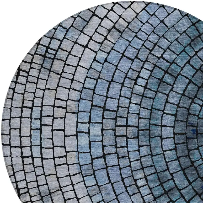 8' Denim Blue And Blue Round Geometric Washable Indoor Outdoor Area Rug Photo 3