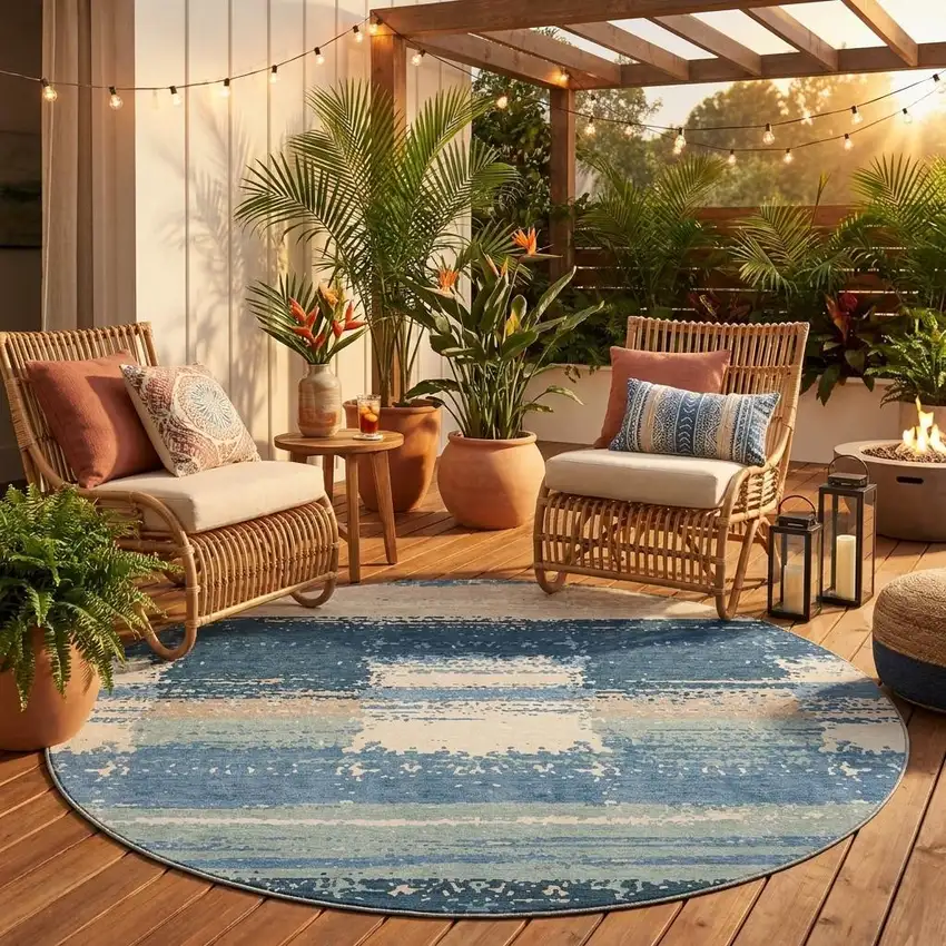8' Denim Blue And Blue Round Geometric Washable Indoor Outdoor Area Rug Photo 1