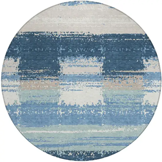 8' Denim Blue And Blue Round Geometric Washable Indoor Outdoor Area Rug Photo 2