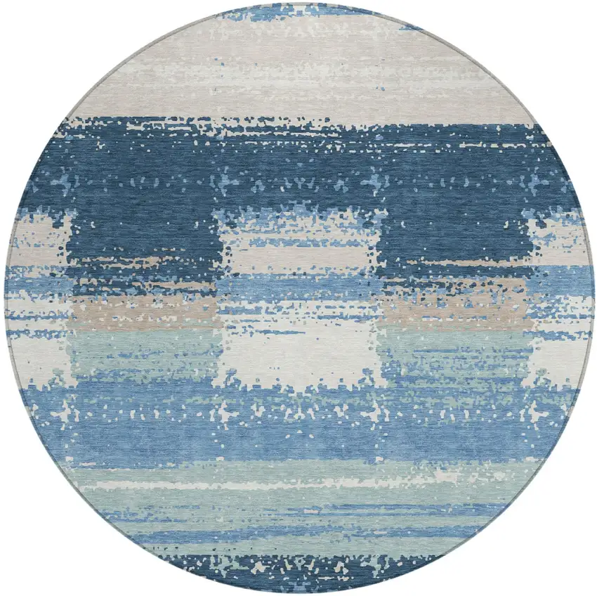 8' Denim Blue And Blue Round Geometric Washable Indoor Outdoor Area Rug Photo 2