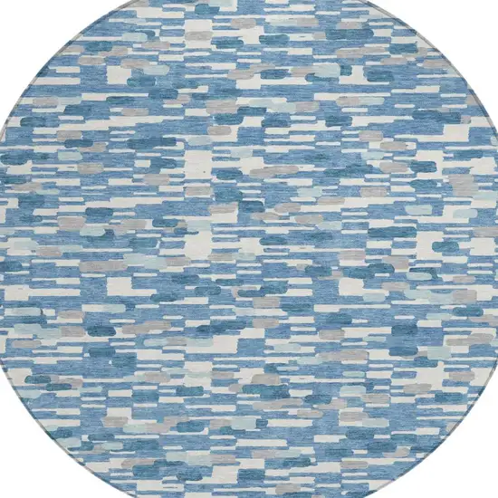 8' Denim Blue And Blue Round Geometric Washable Indoor Outdoor Area Rug Photo 1