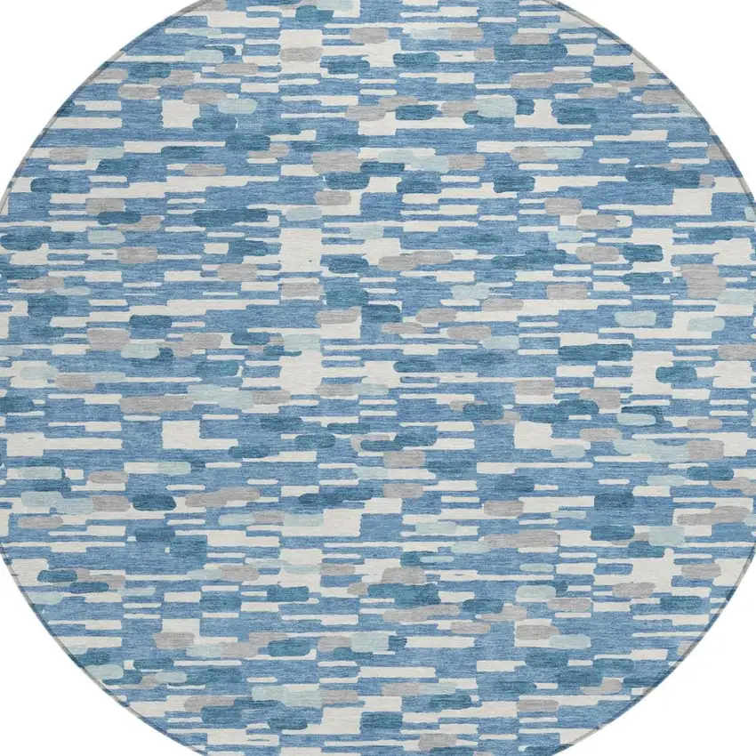 8' Denim Blue And Blue Round Geometric Washable Indoor Outdoor Area Rug Photo 1