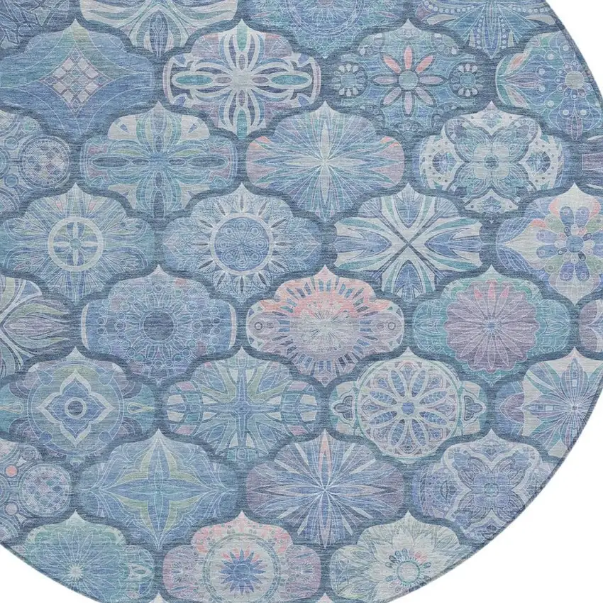 8' Denim Blue And Blue Round Ogee Washable Indoor Outdoor Area Rug Photo 8