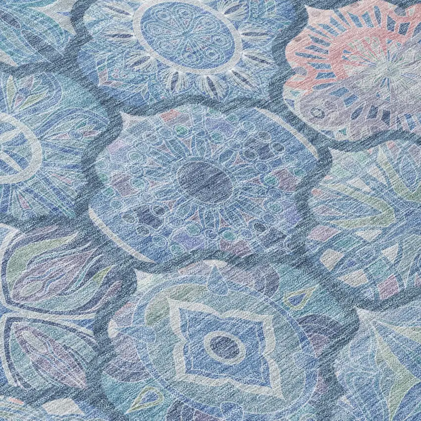 8' Denim Blue And Blue Round Ogee Washable Indoor Outdoor Area Rug Photo 5