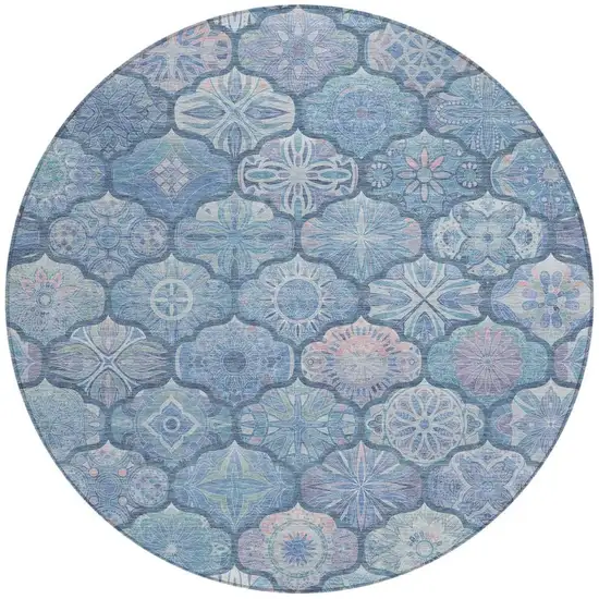8' Denim Blue And Blue Round Ogee Washable Indoor Outdoor Area Rug Photo 1