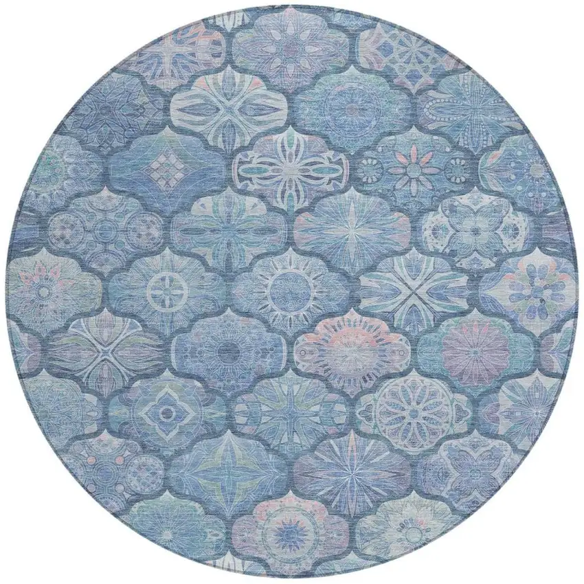 8' Denim Blue And Blue Round Ogee Washable Indoor Outdoor Area Rug Photo 1