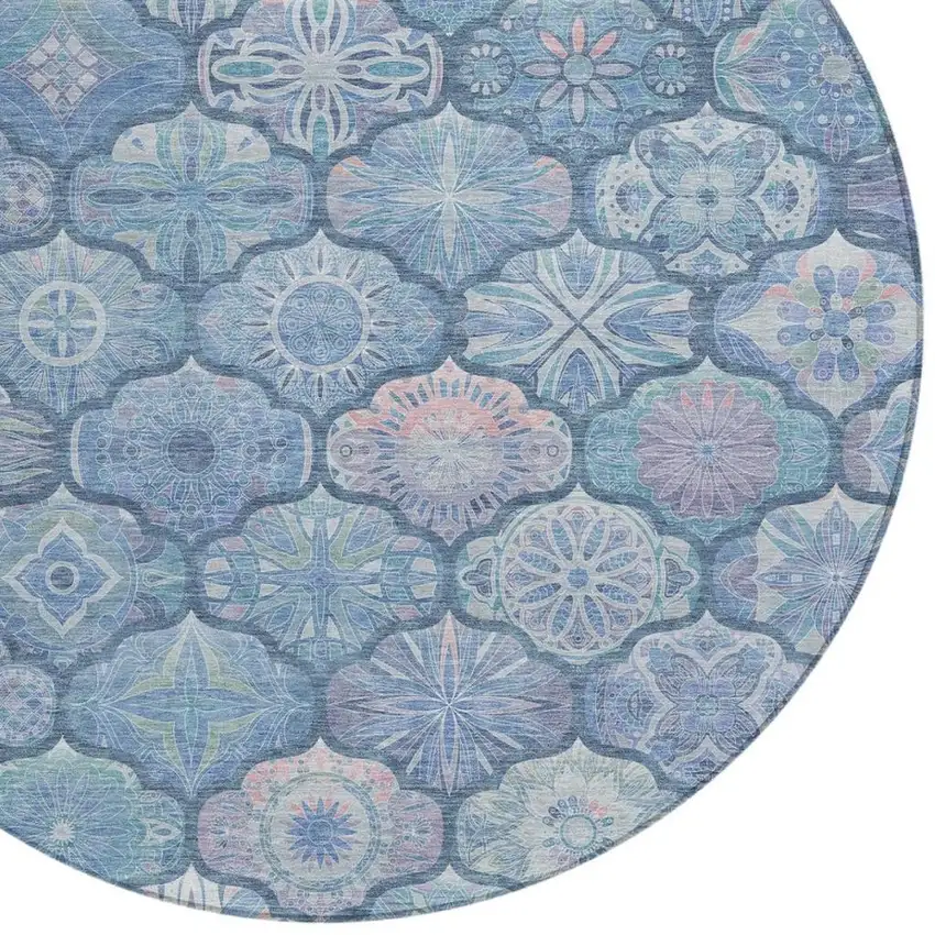 8' Denim Blue And Blue Round Ogee Washable Indoor Outdoor Area Rug Photo 2
